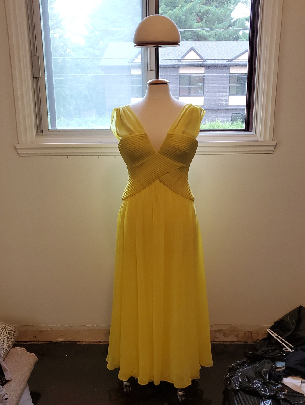 BCBGMaxAzria Sunlit Yellow Pleated V-Neck Maxi Dress